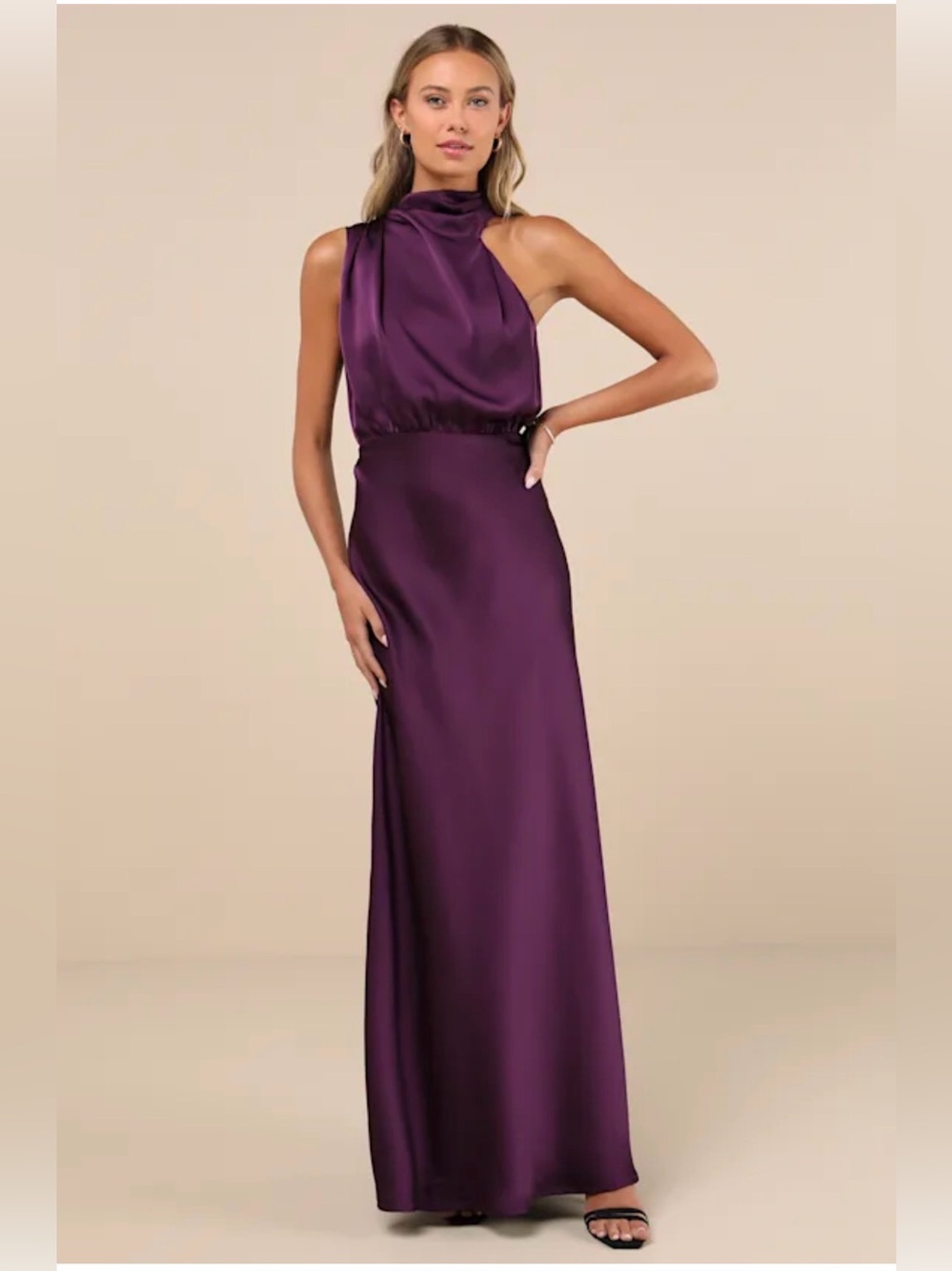 Lulu's Plum Satin High-Neck Sleeveless Maxi Dress